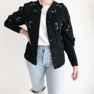 Vintage Brama Black Floral  with Beaded Detail Button Up Cardigan S
